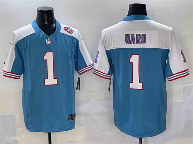 Men's Tennessee Titans #1 Cameron Ward Blue/White 2025 Draft F.U.S.E. 1997 Throwback Patch Vapor Limited Stitched Football Jersey
